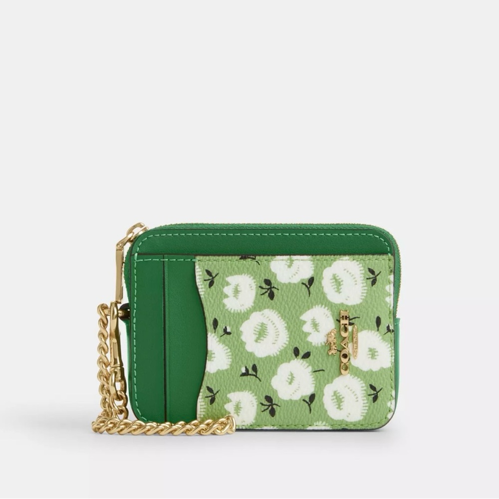 NWT- Coach Zip Card Case In Floral Print - Kelly Green/Gold